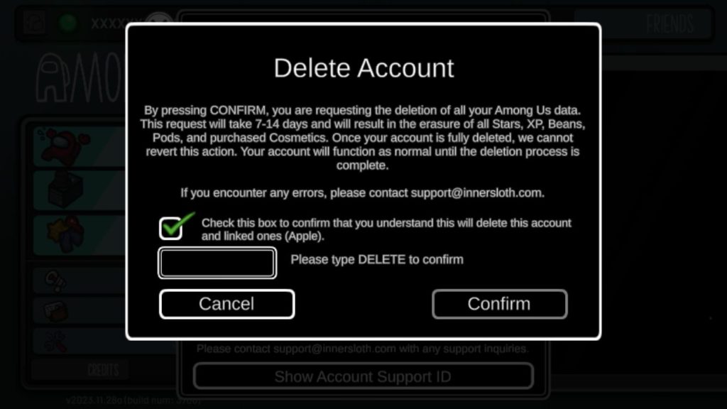 among us delete account